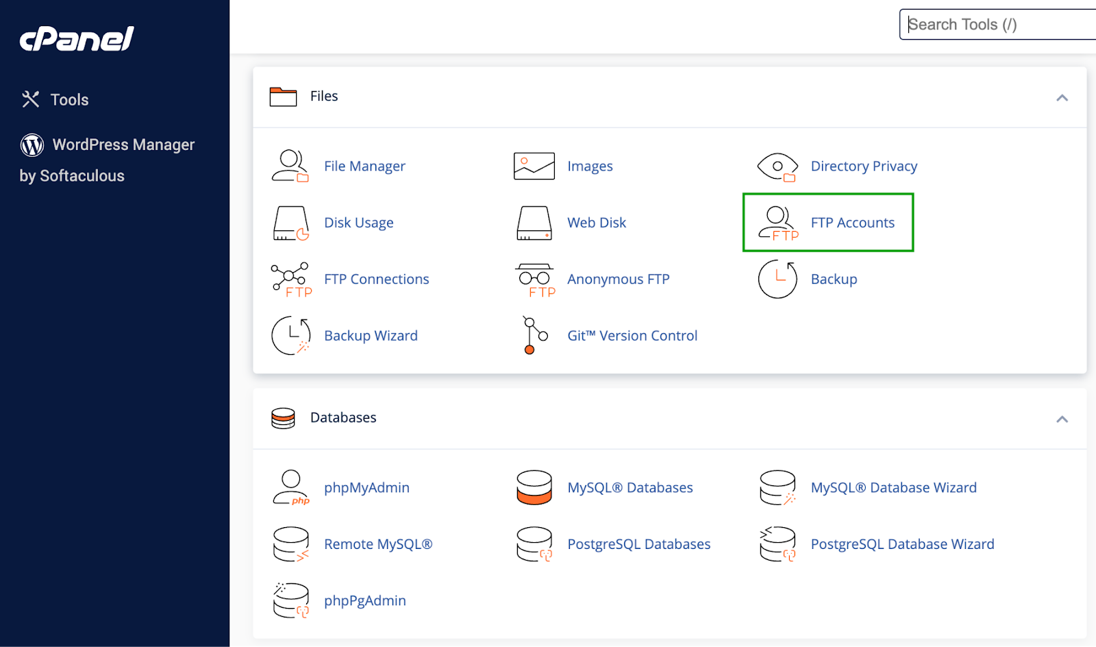 After you log in to your hosting account, locate your control panel and search for FTP or SFTP.