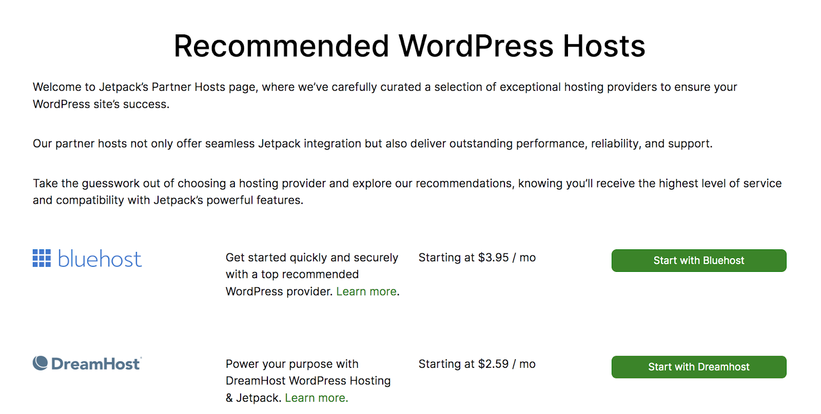 list of recommended WordPress hosts