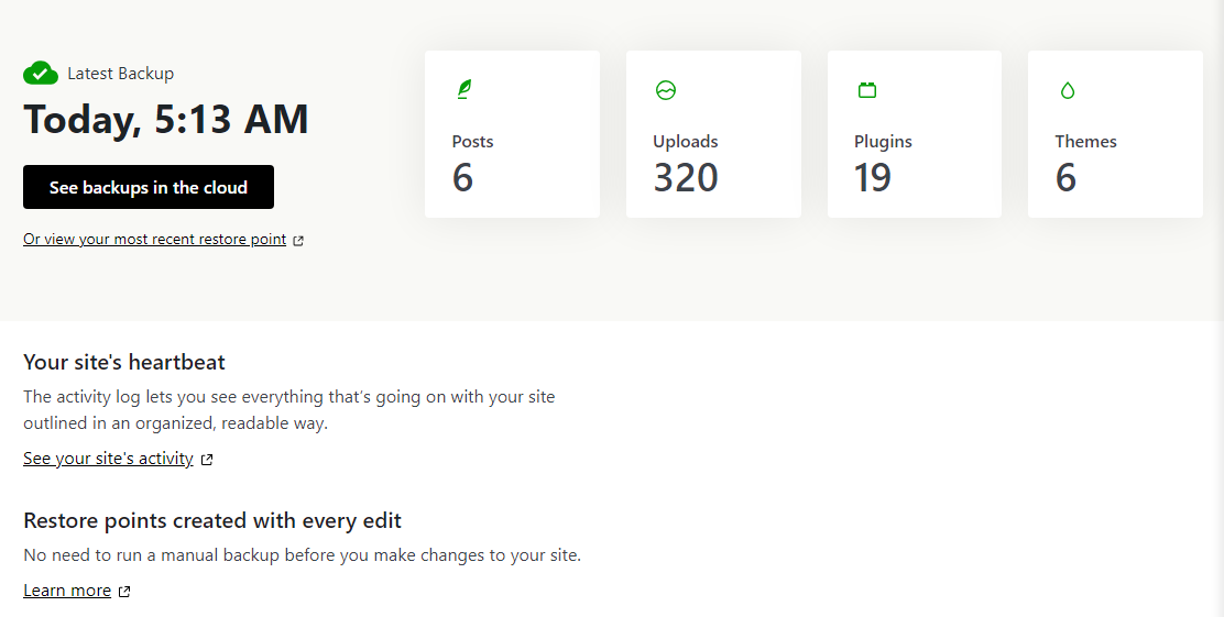 latest backup information from Jetpack VaultPress Backup