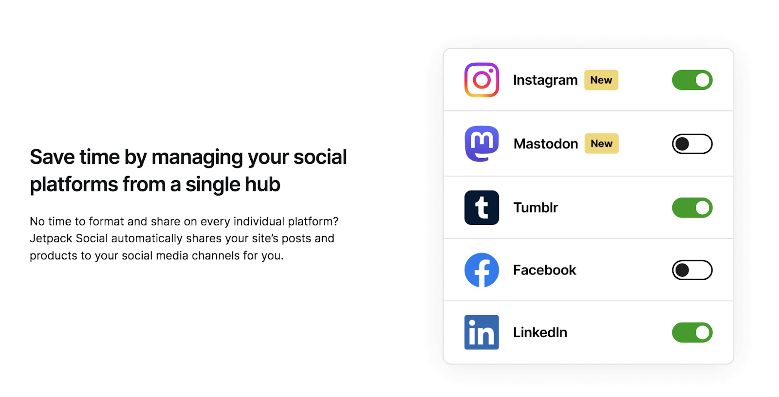 Jetpack Social enables you to connect to all of the above platforms as well as Tumblr and Mastodon.