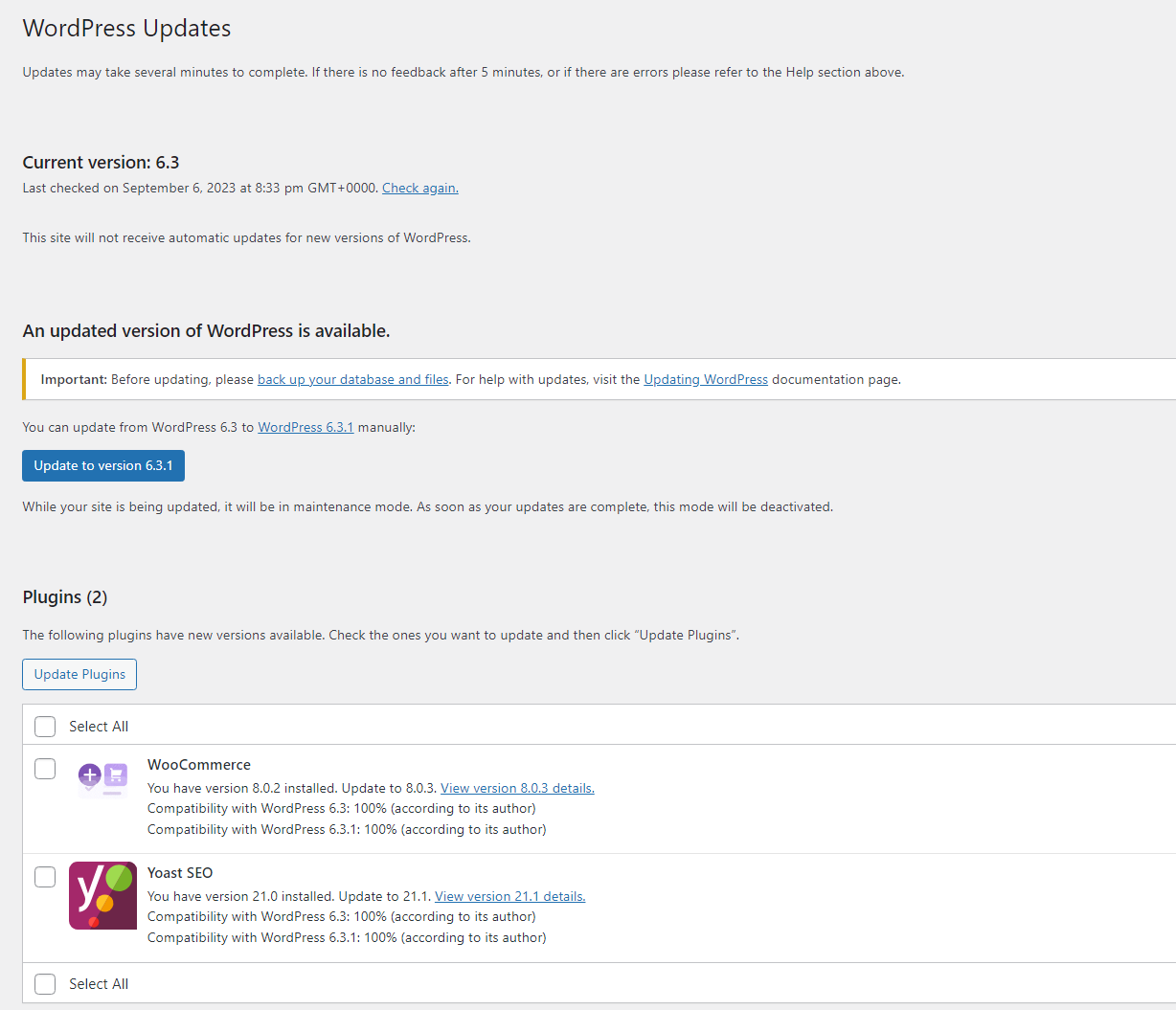 WordPress update screen