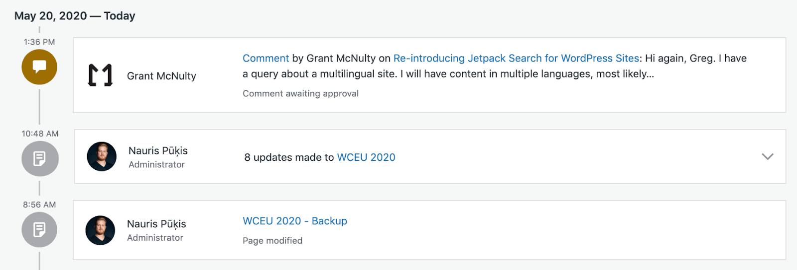 activity log from Jetpack