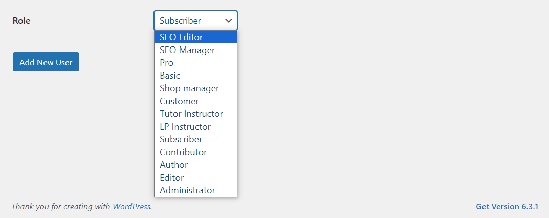 dropdown list of user roles
