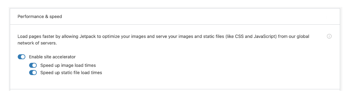 options to turn on the Jetpack site accelerator CDN