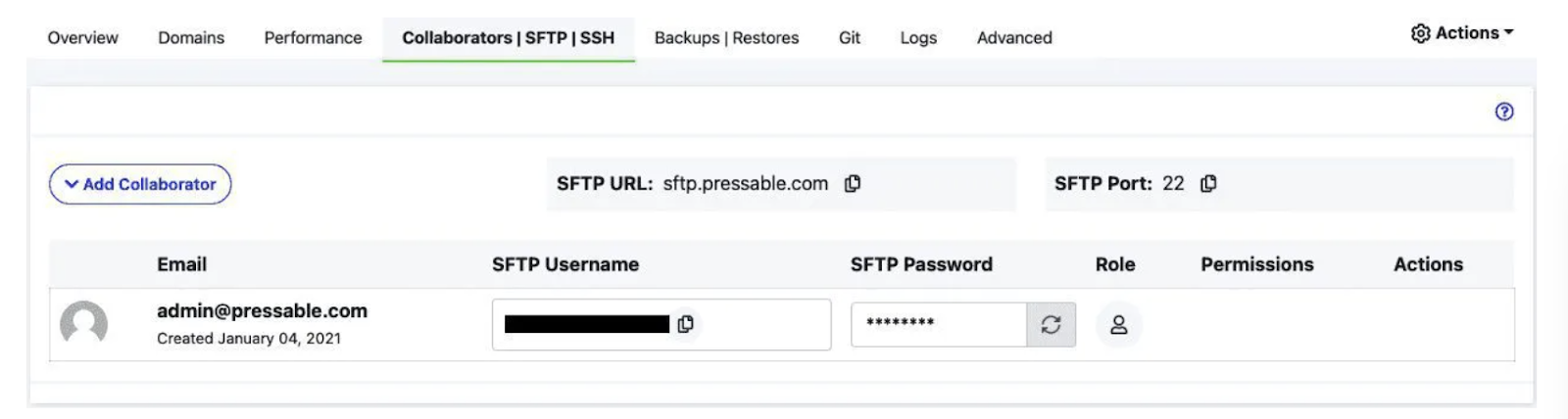 finding SFTP details in a Pressable hosting environment