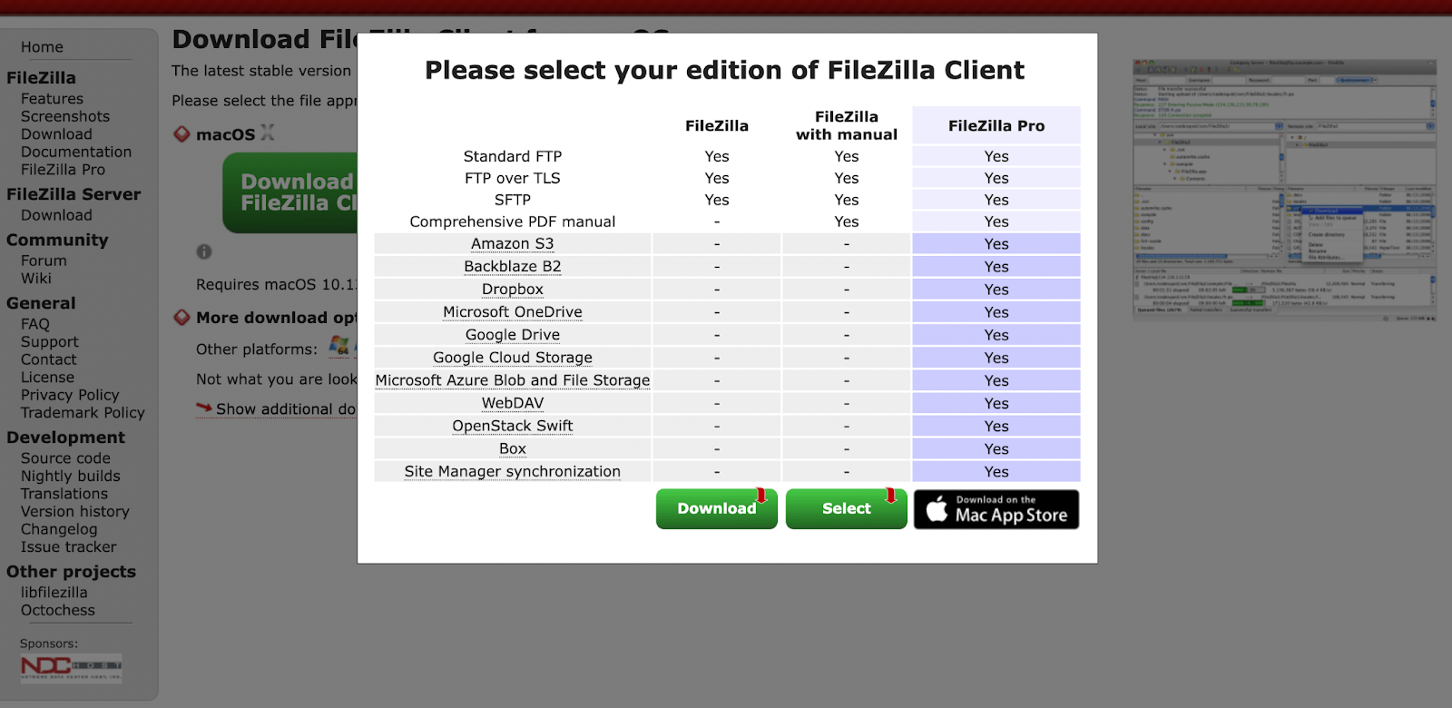 After you choose your OS, you should see the following pop-up. Simply choose the standard FileZilla option on the left.