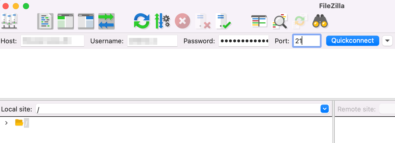 Return to FileZilla and input your credentials