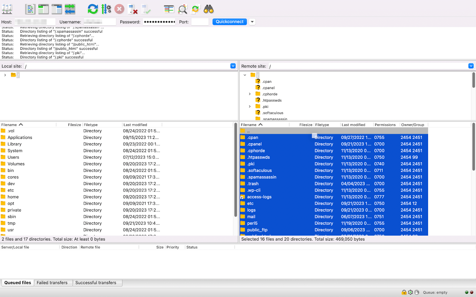 If you want to make a complete copy of your site’s files, and you’re using macOS, simply select the first row in the Remote site panel and hit “command a” on your keyboard.
