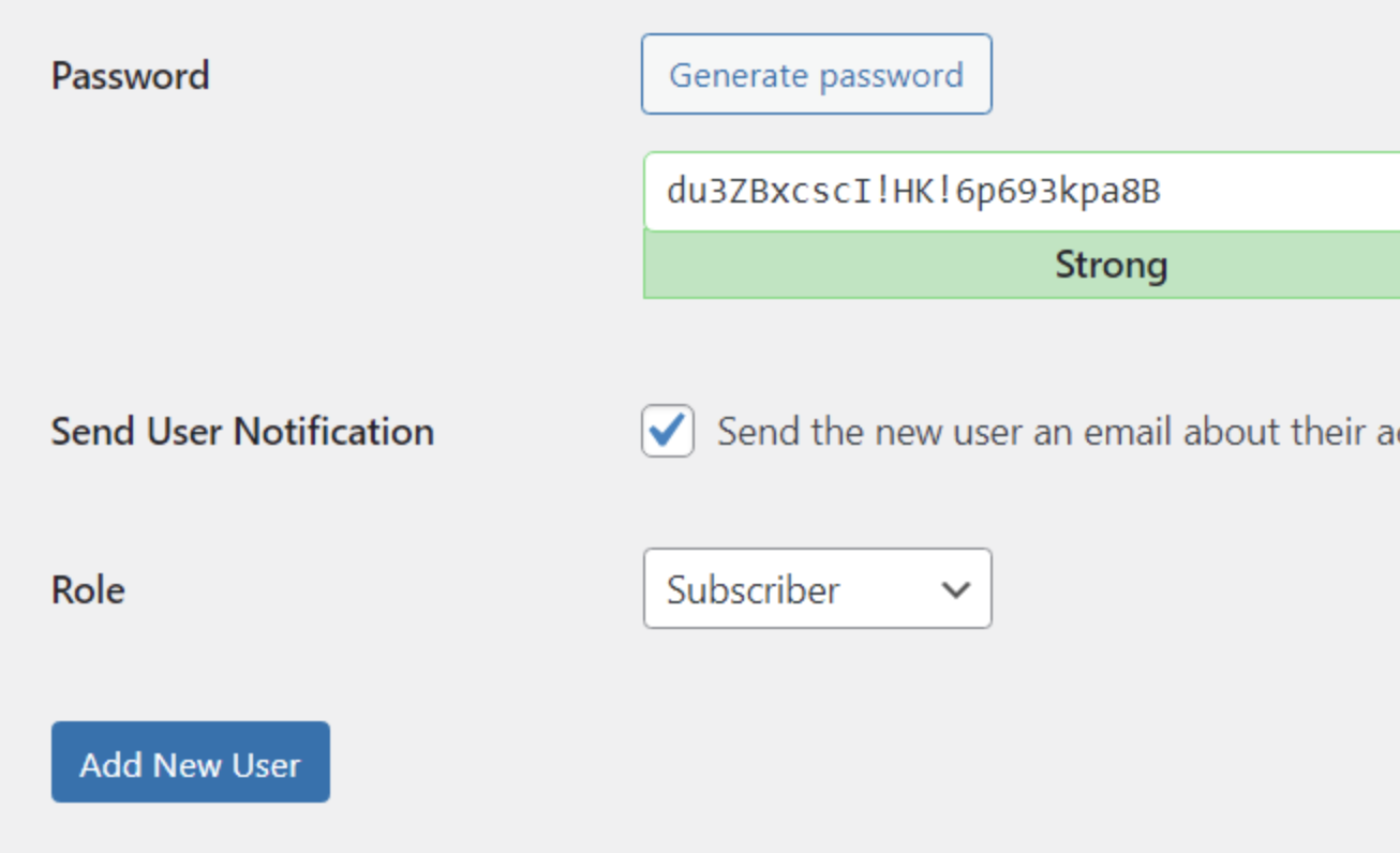 strong password notification in WordPress
