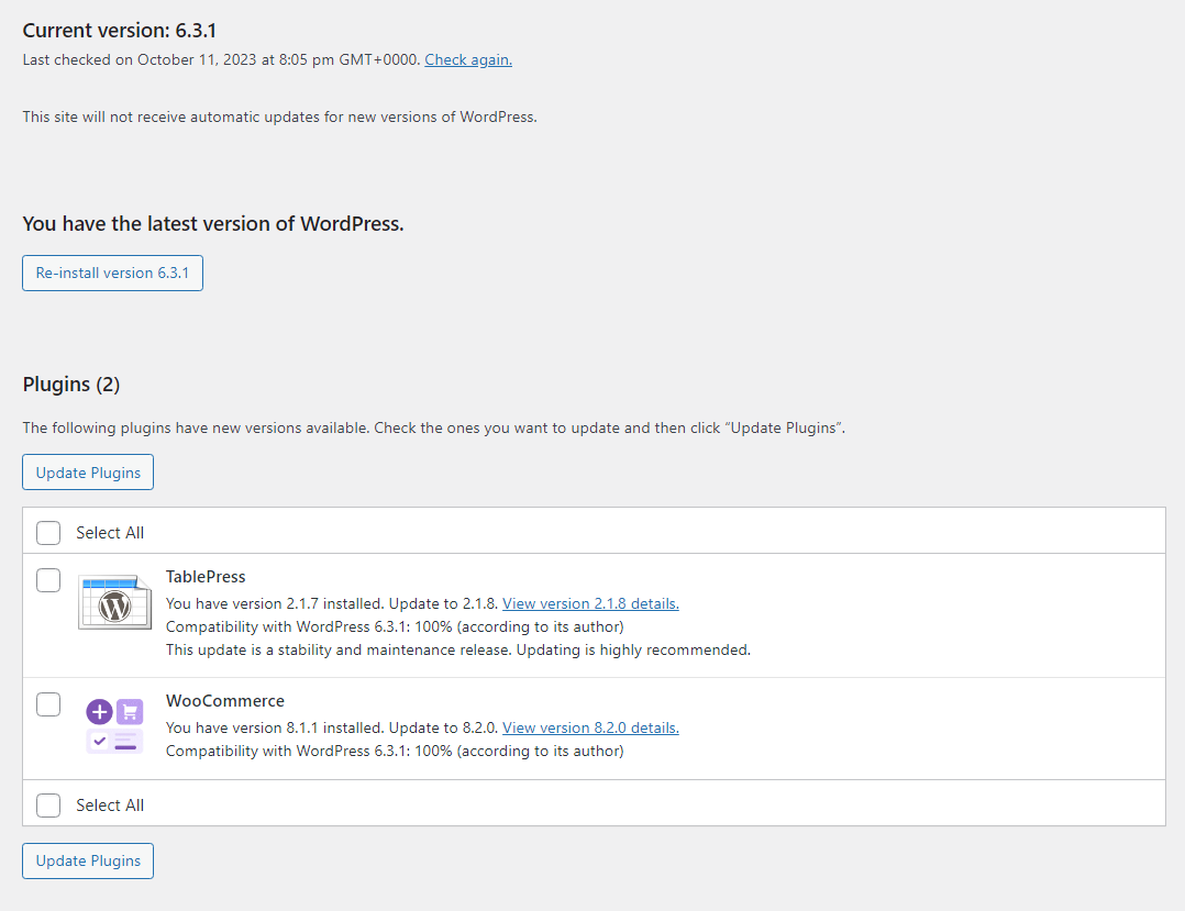 updates available in the WordPress dashboard