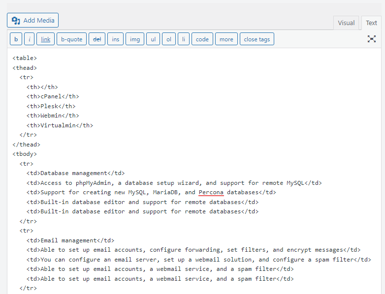 adding table HTML to WordPress