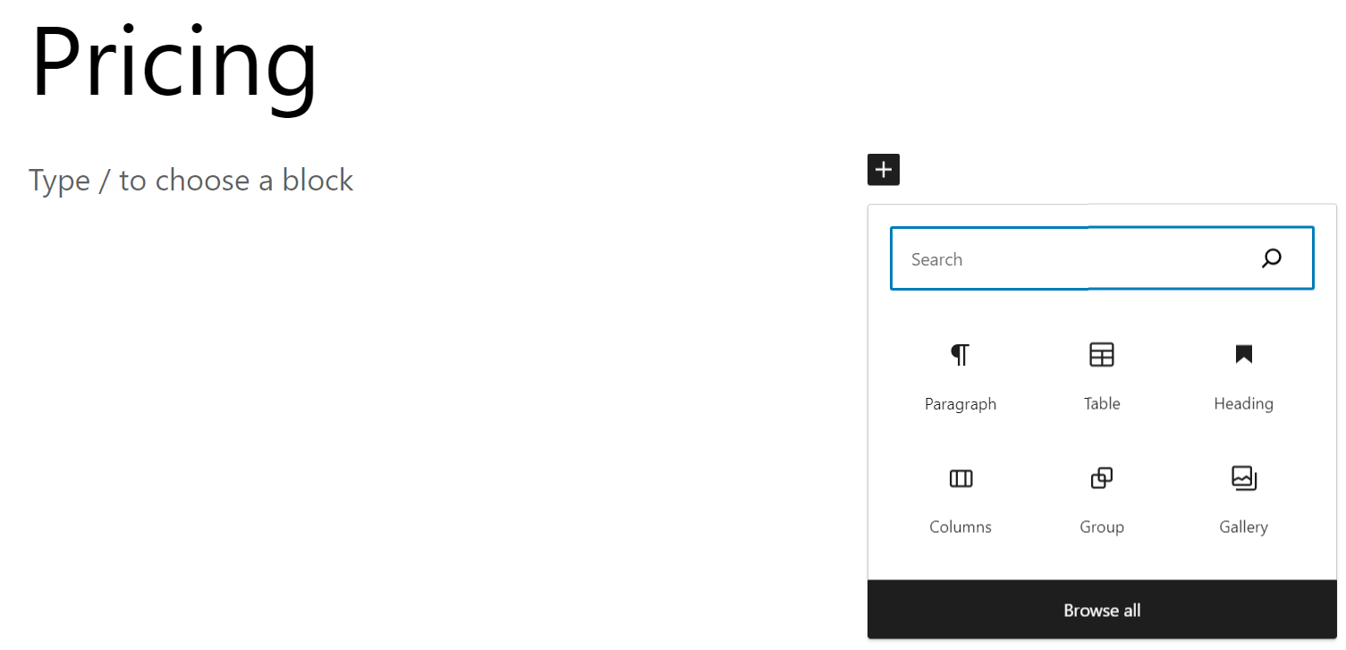 adding a table block to a pricing page