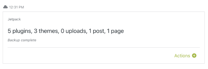 A complete backup in the Jetpack Activity log. There is a button labeled "Actions +"