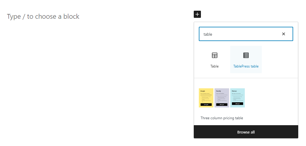 adding the TablePress table block to WordPress
