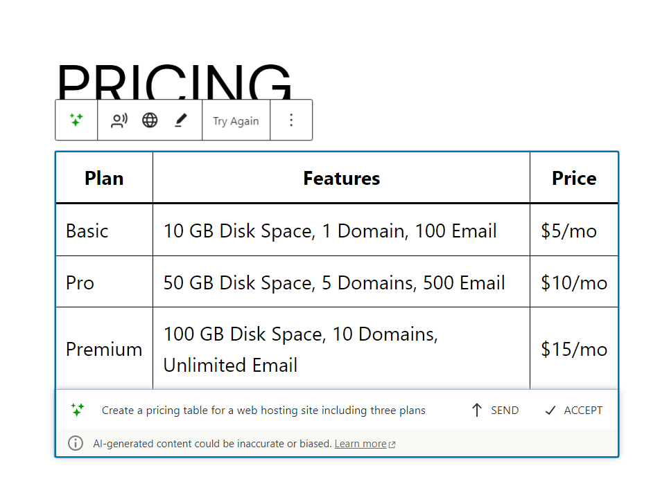 creating a pricing table with the Jetpack AI assistant