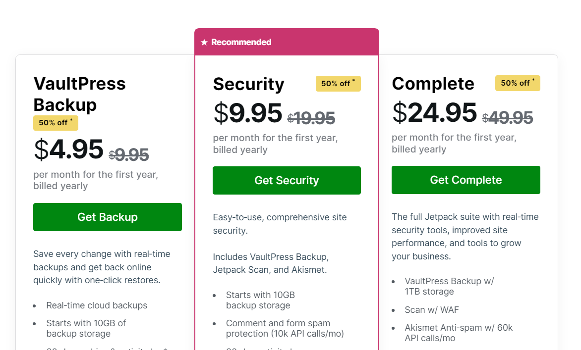 pricing chart for Jetpack