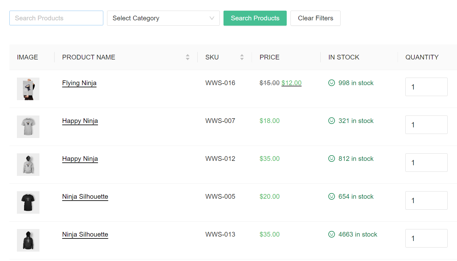 filters and search bar on a table