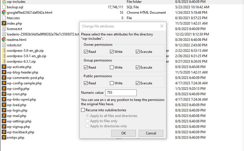 editing file permissions for wp-includes
