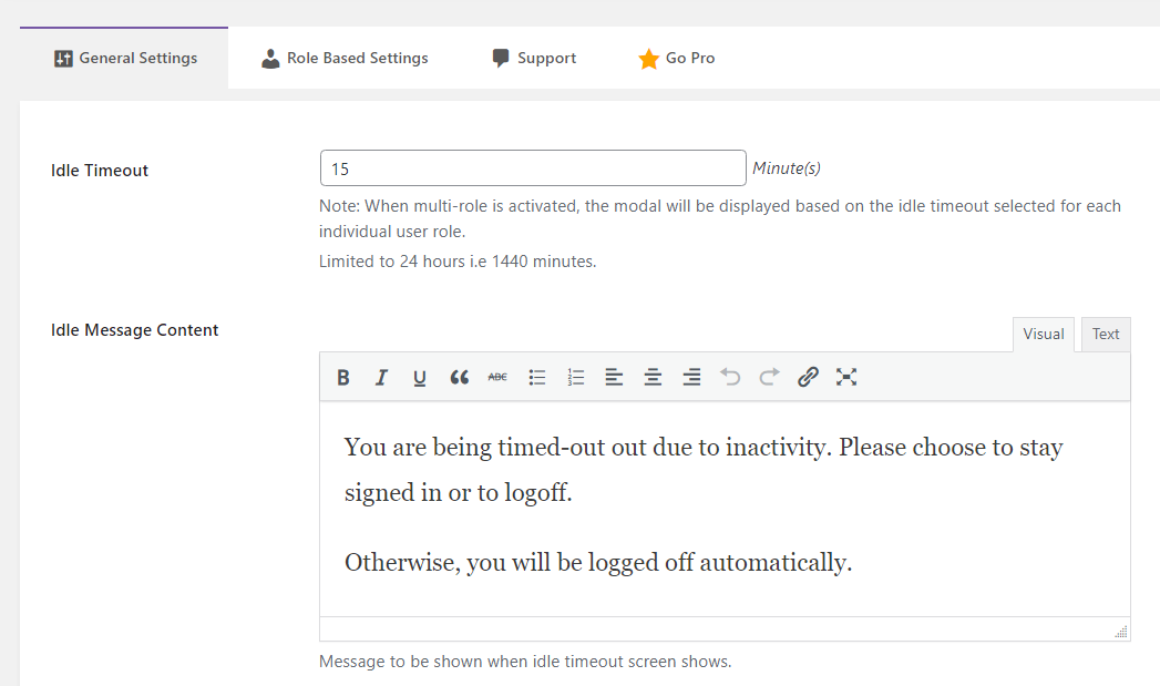 setting the idle timout in minutes