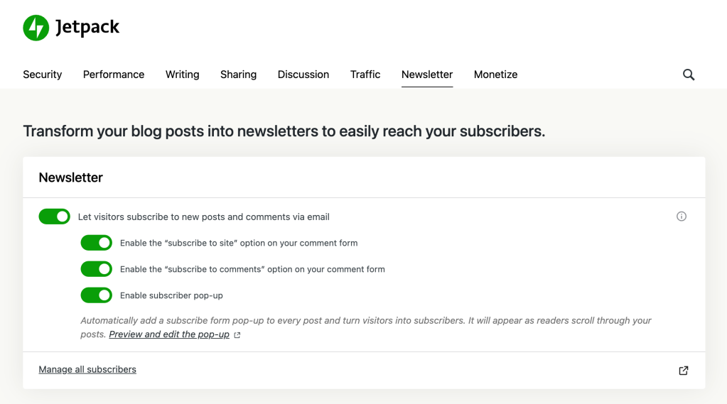 Newsletter settings are in the Newsletter tab and include: Enable the "subscribe to site" option on your comment form, Enable the "subscribe to comments" option on your comment form and Enable subscriber pop-up