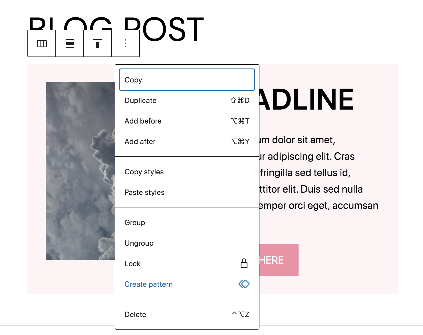 crear un patrón en WordPress