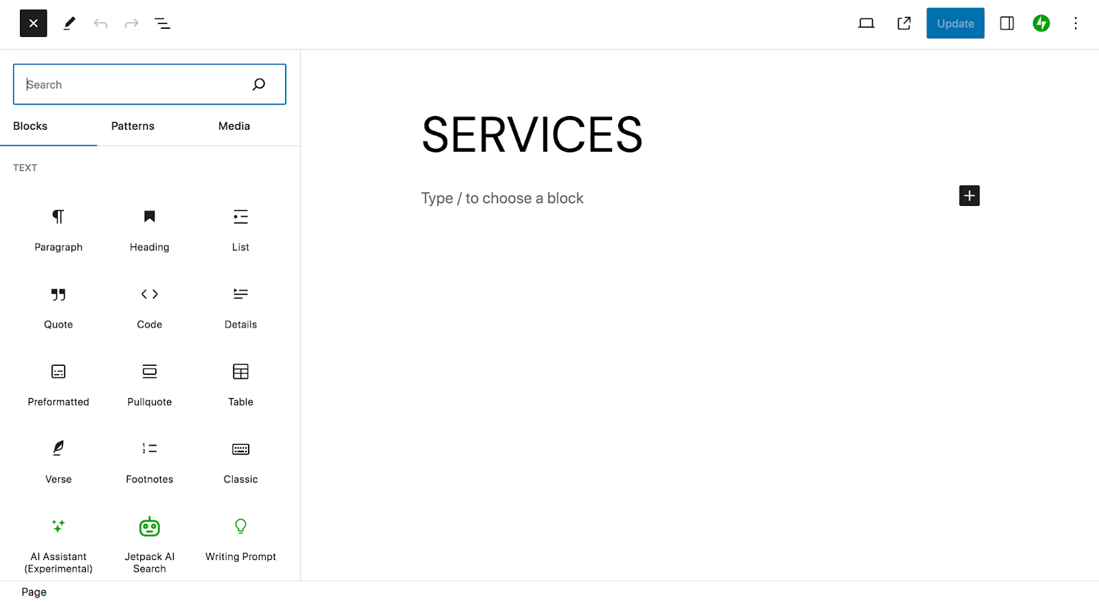 usar el editor de bloques de WordPress para crear una página