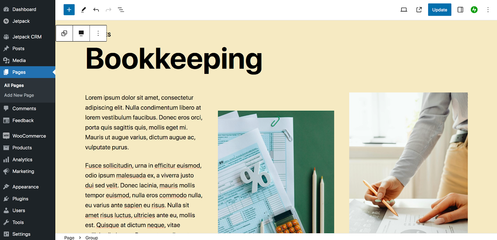 editar un patrón de bloques con contenido personalizado