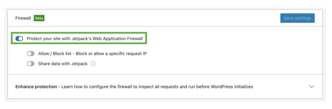 ajustes para activar las funciones de firewall de aplicaciones web de Jetpack