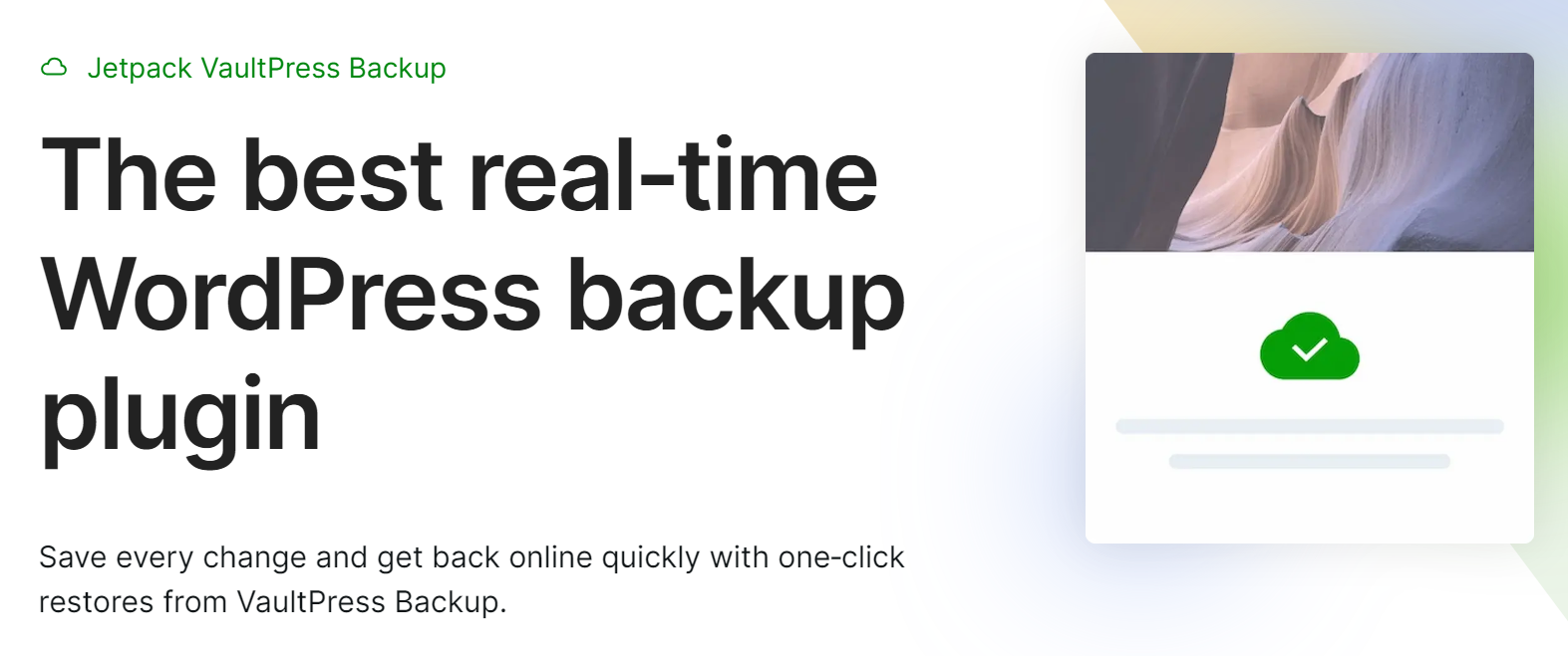 Página de Jetpack VaultPress Backup con el texto «el mejor plugin de copias de seguridad de WordPress en tiempo real»