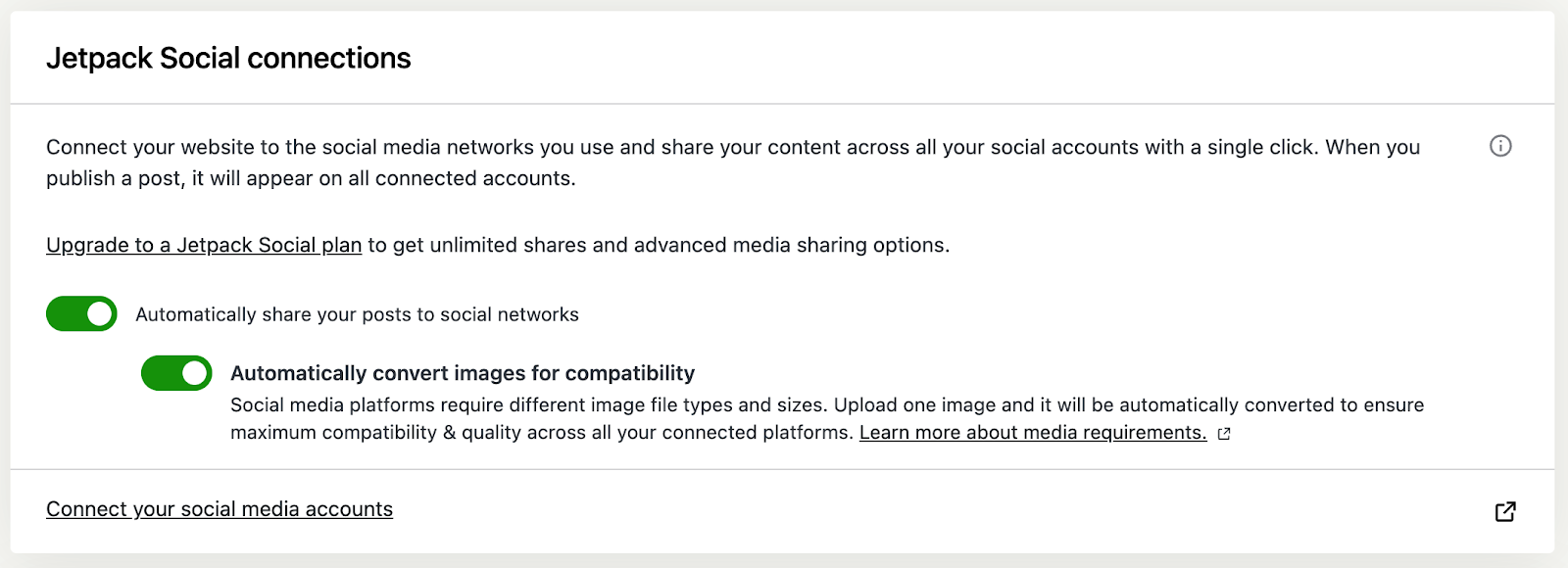 Jetpack Social connection options