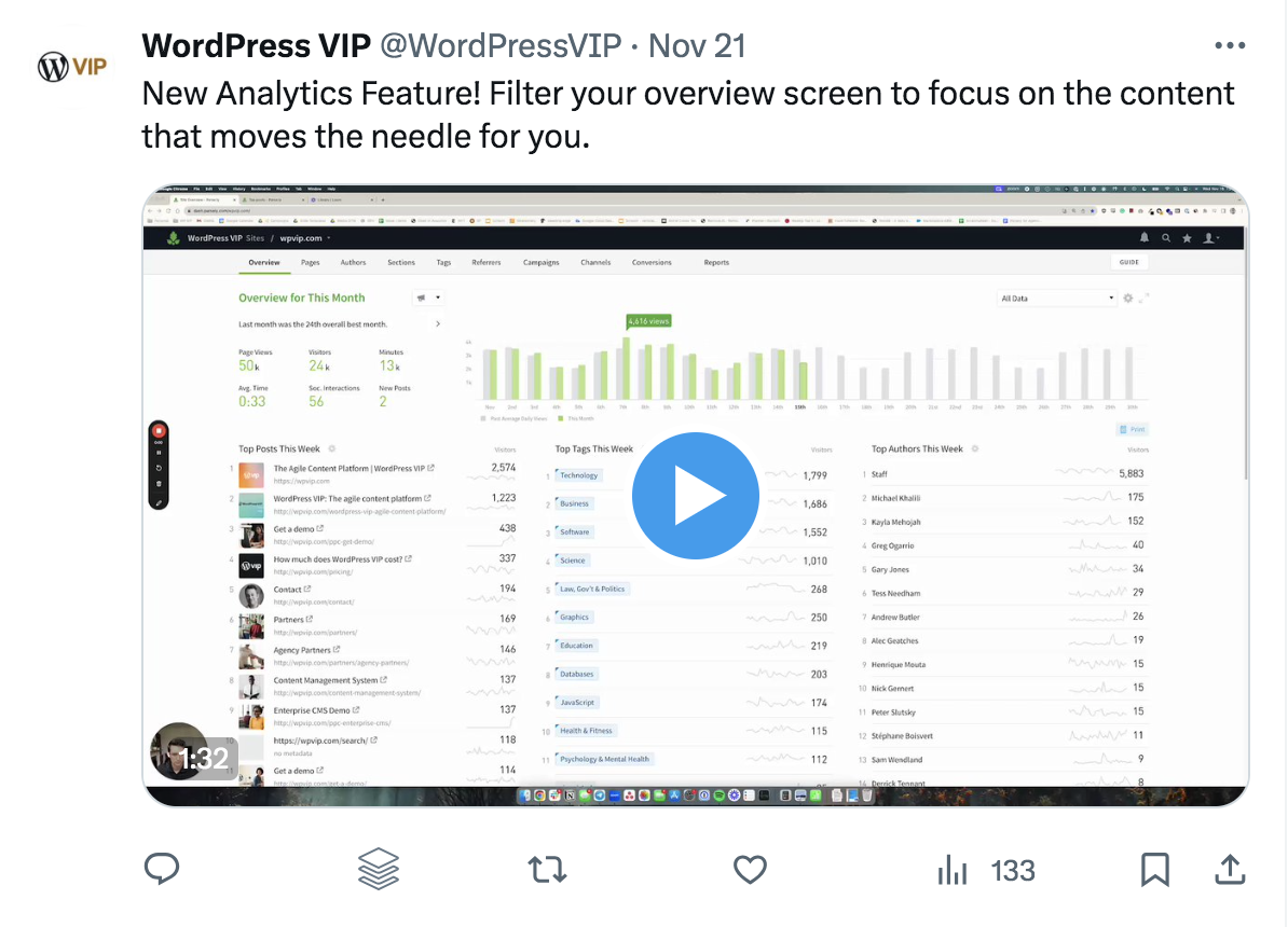 WordPress VIP social media post with a video 