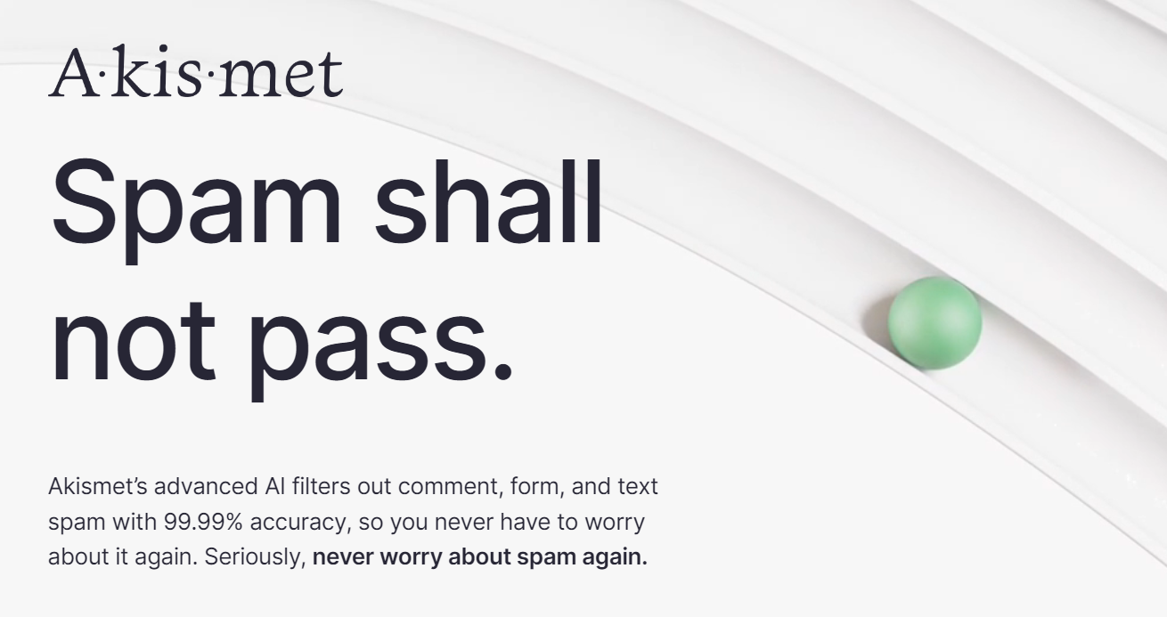 Akismet homepage with the text "spam shall not pass"