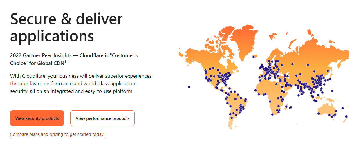 Cloudflare homepage with a map showing the location of their servers