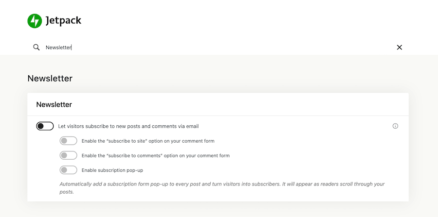 An example of a Jetpack settings search for Newsletter