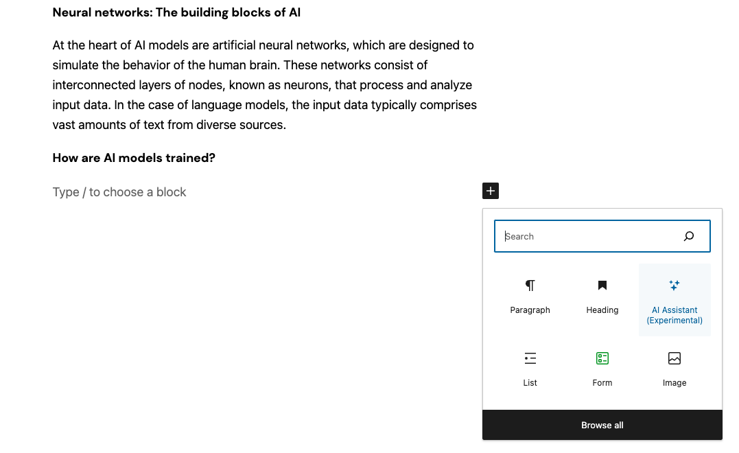 You can quickly generate paragraphs from within the WordPress editor using the Jetpack AI Assistant by following these steps.