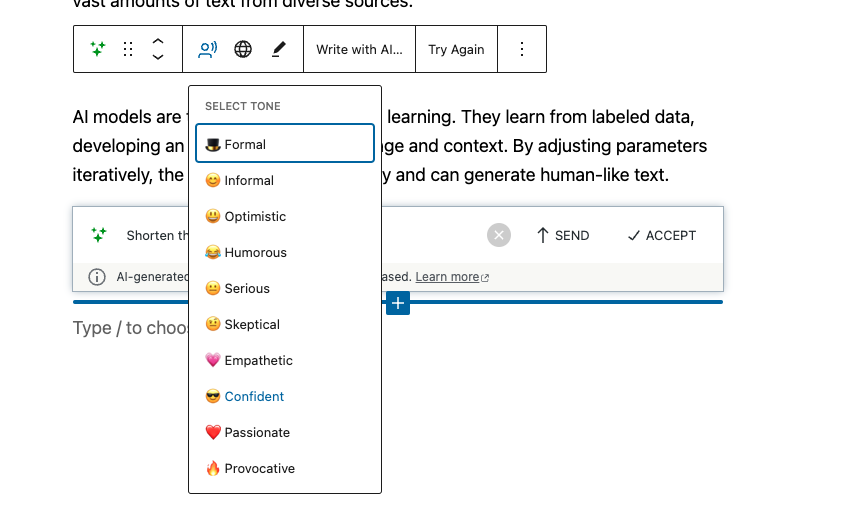 You can also adjust the tone of the paragraph by selecting from a range of common tones.