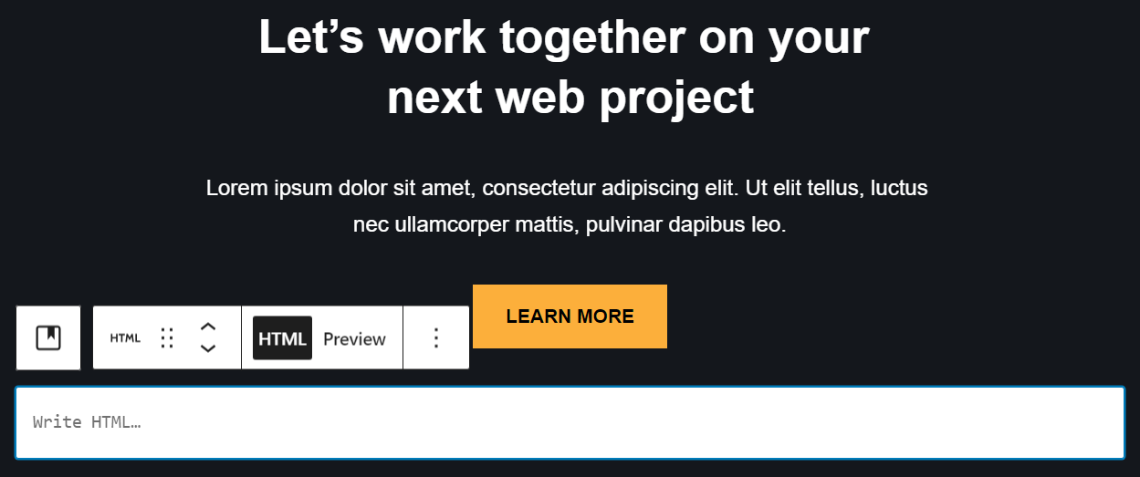 Select the Custom HTML block and place it wherever you want to display part of the CSS sprite. The editor will show a simple field prompting you to add the HTML code.
