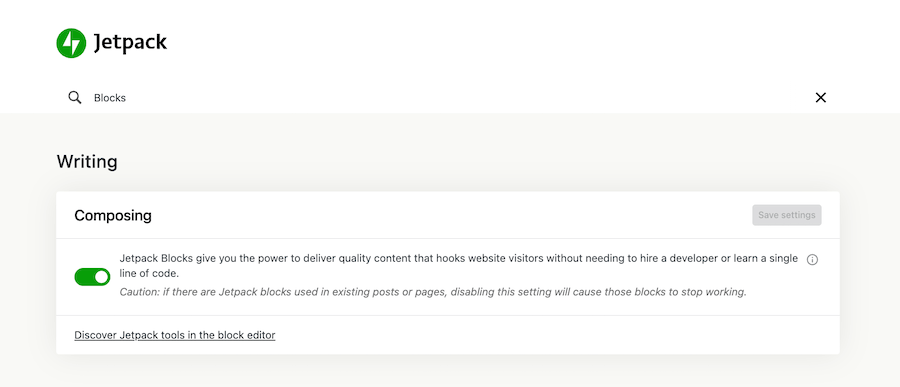 An example of a Jetpack settings search for Blocks