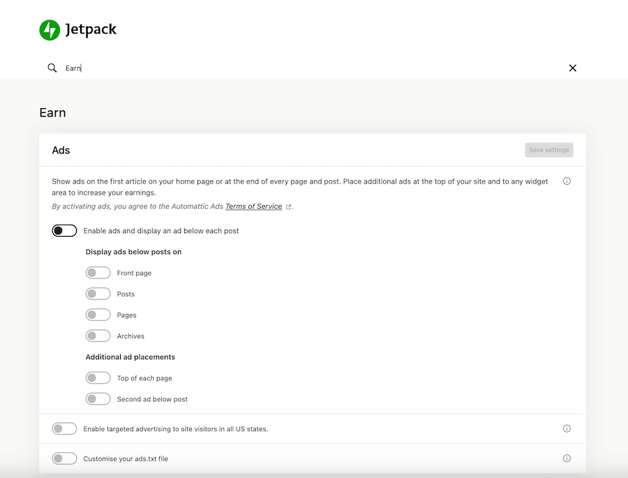 An example of a Jetpack settings search for Earn