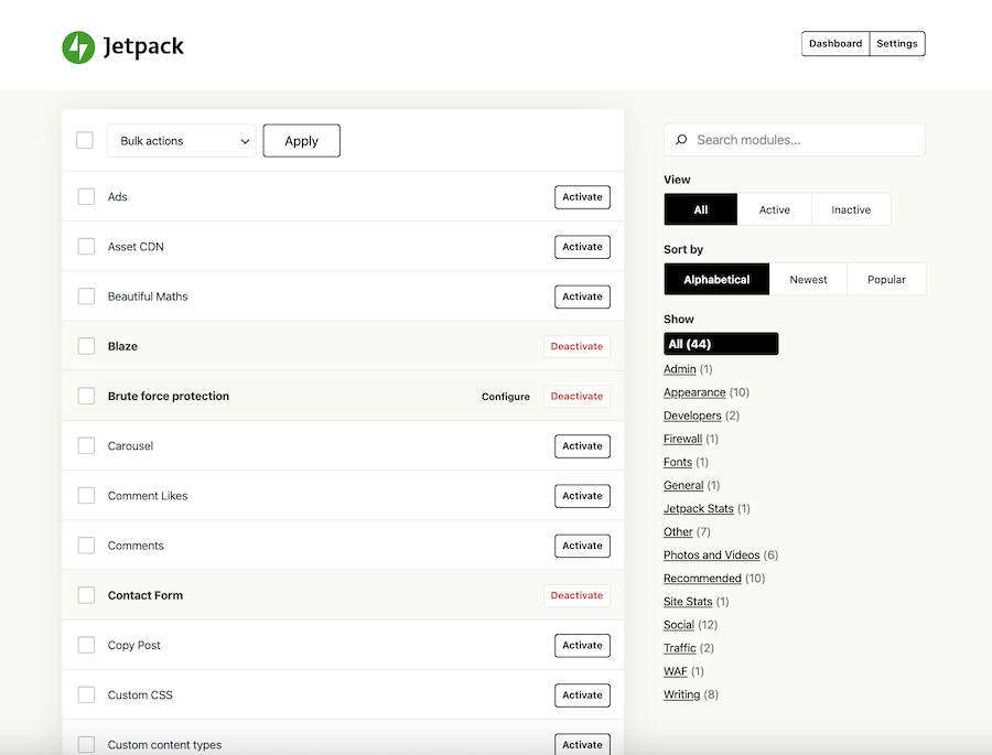 A screenshot showing the Jetpack Modules page where modules can be disabled or activated to keep Jetpack as lean as you want