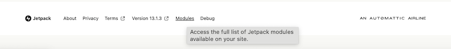 A screenshot showing where the modules page is accessed from (correct as of Jetpack 13.1)