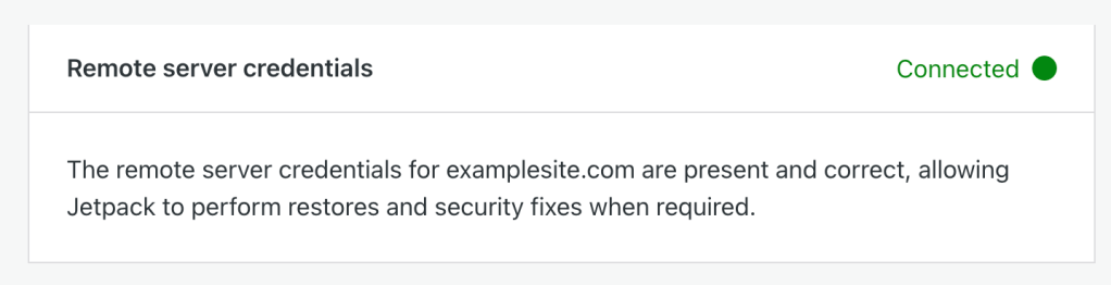 Remote server credentials settings showing a Green "Connected" status for examplesite.com. 