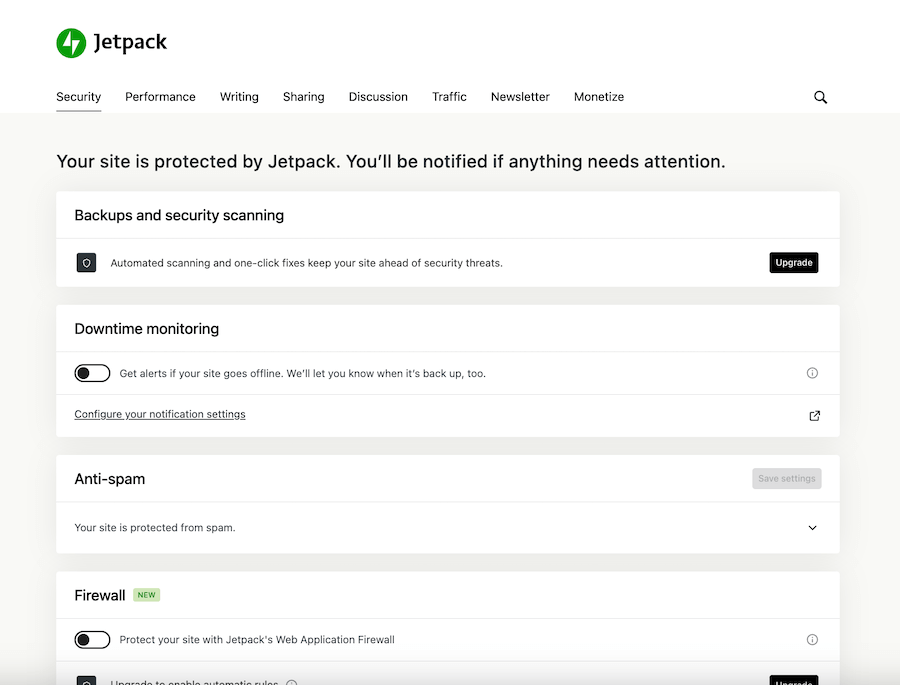 Jetpacks setting page. Showing navigation pills across the top and a search function