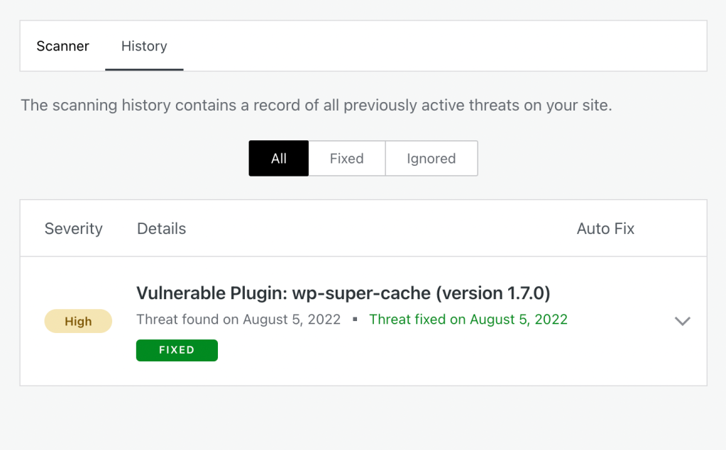 On the history page, you'll see a list of all previous threats that affected your site. You can filter them by their fix/ignore status, and still decide to fix Ignored threats if you'd like.
