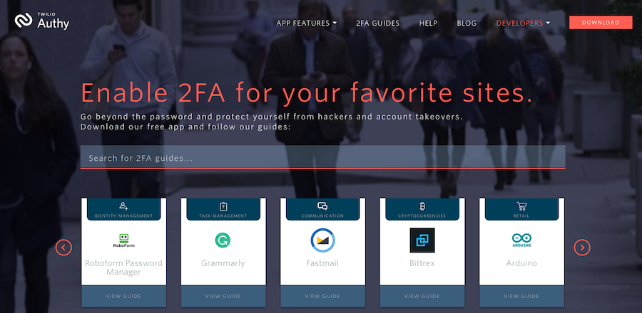 Authy homepage with guides about 2fa