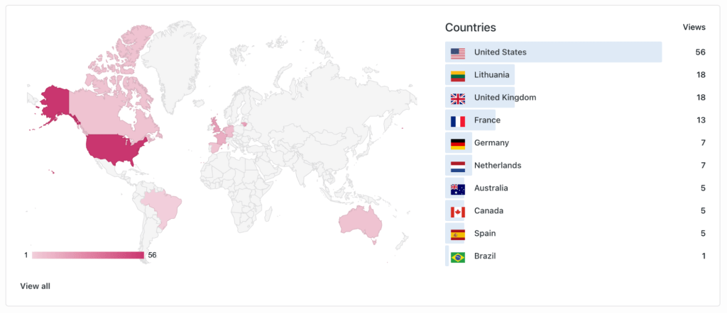 World heatmap in Jetpack Stats showing where a site’s visitors are located
