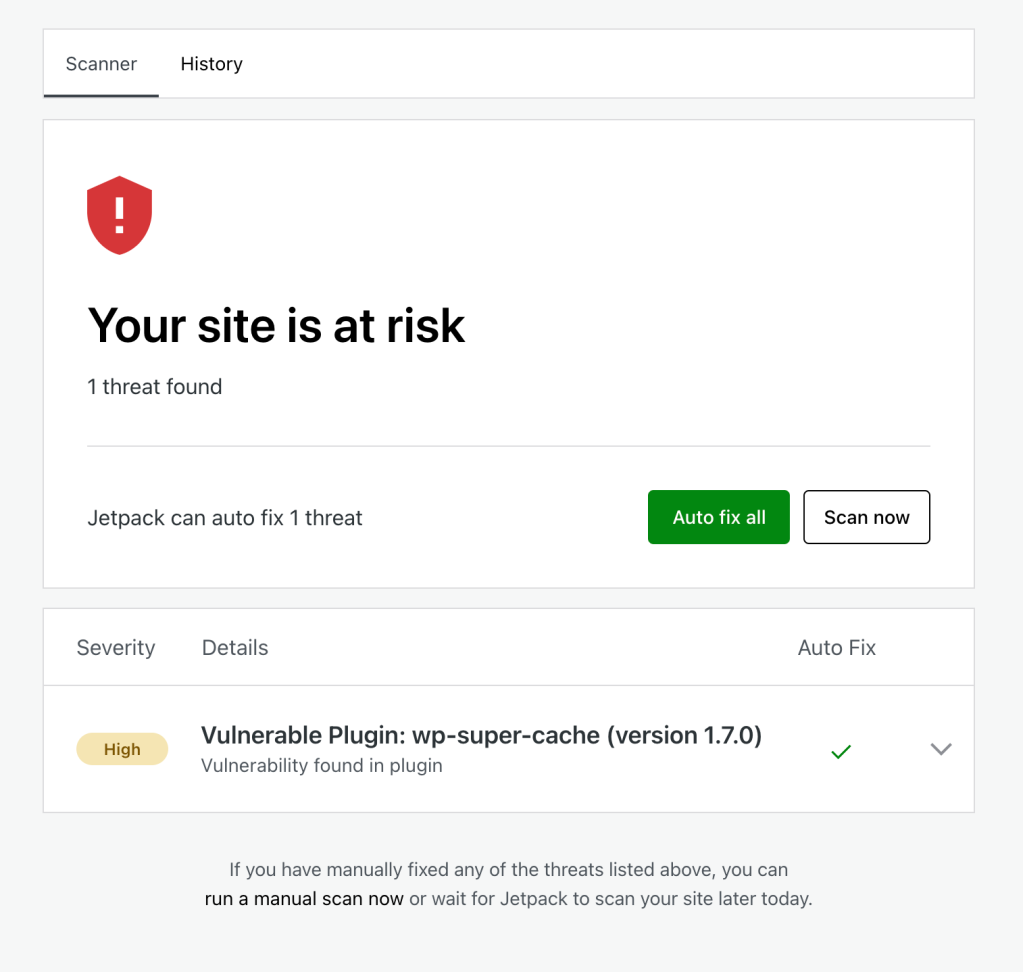 The Scanner page provides an at-a-glance reference of the site's current state. It will either show that the site is looking great or list any currently active threats.
