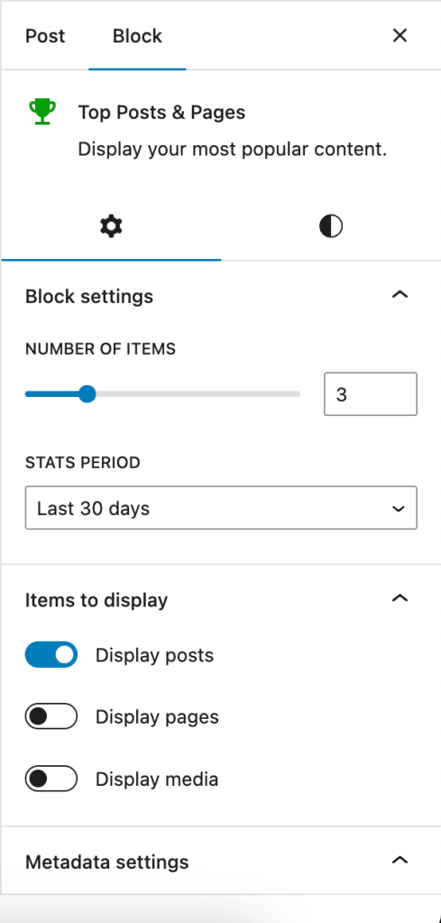 Image showing the side panel for the top posts and pages block