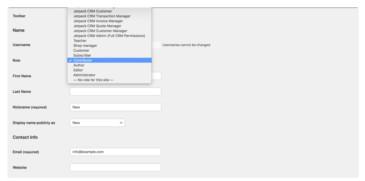 dropdown of user roles in WordPress