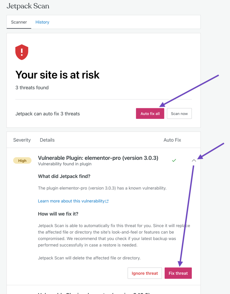 The Auto-fix all button will handle all the threats at once. From here, you can click Ignore threat or Fix threat.